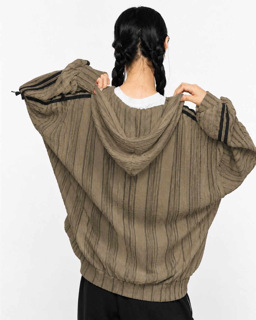 Contrast Stripe Hooded Zip Up Jacket in Mocha Brown