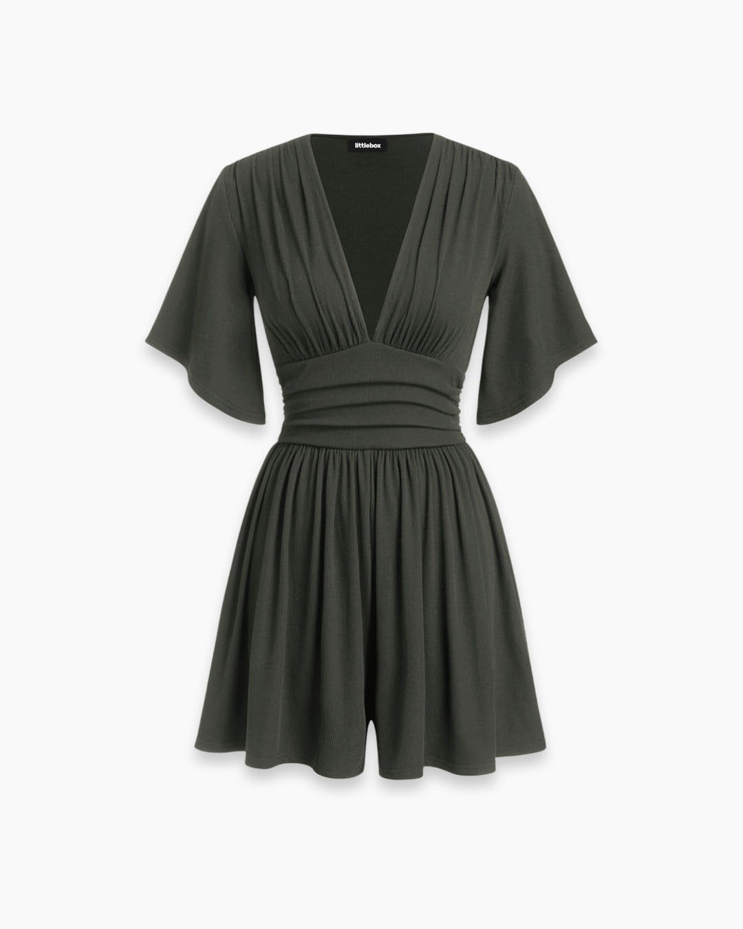 Ruched Plunge Neck Flutter Sleeve Romper in Charcoal Grey