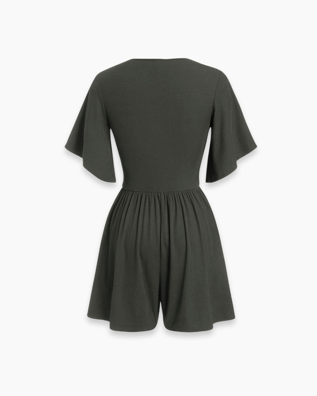 Ruched Plunge Neck Flutter Sleeve Romper in Charcoal Grey