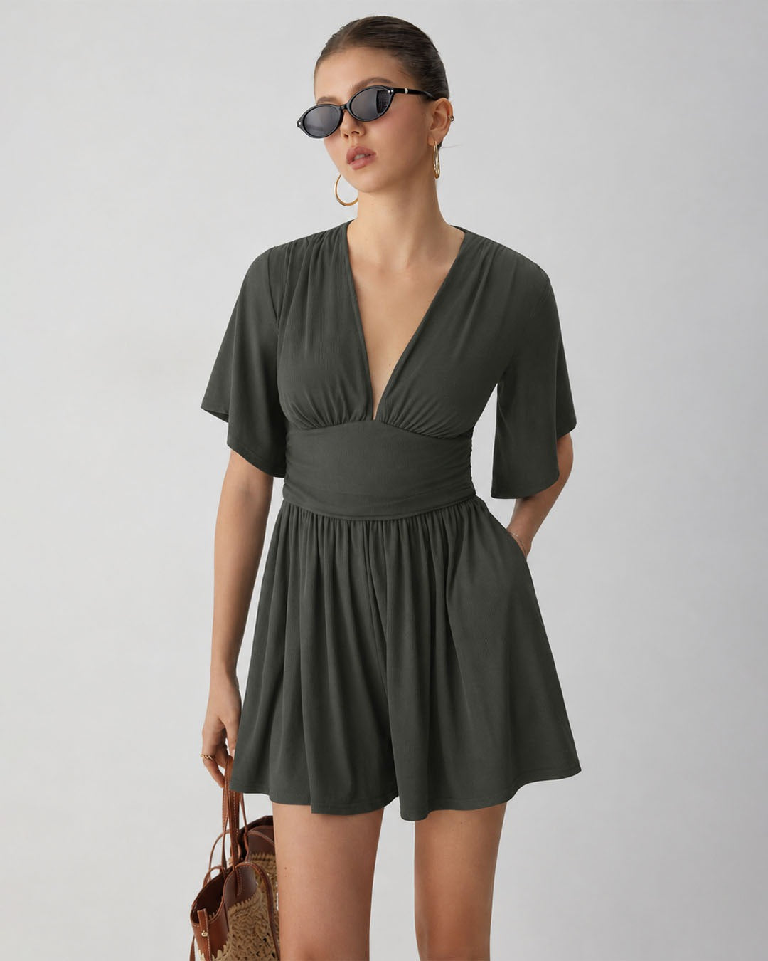 Ruched Plunge Neck Flutter Sleeve Romper in Charcoal Grey