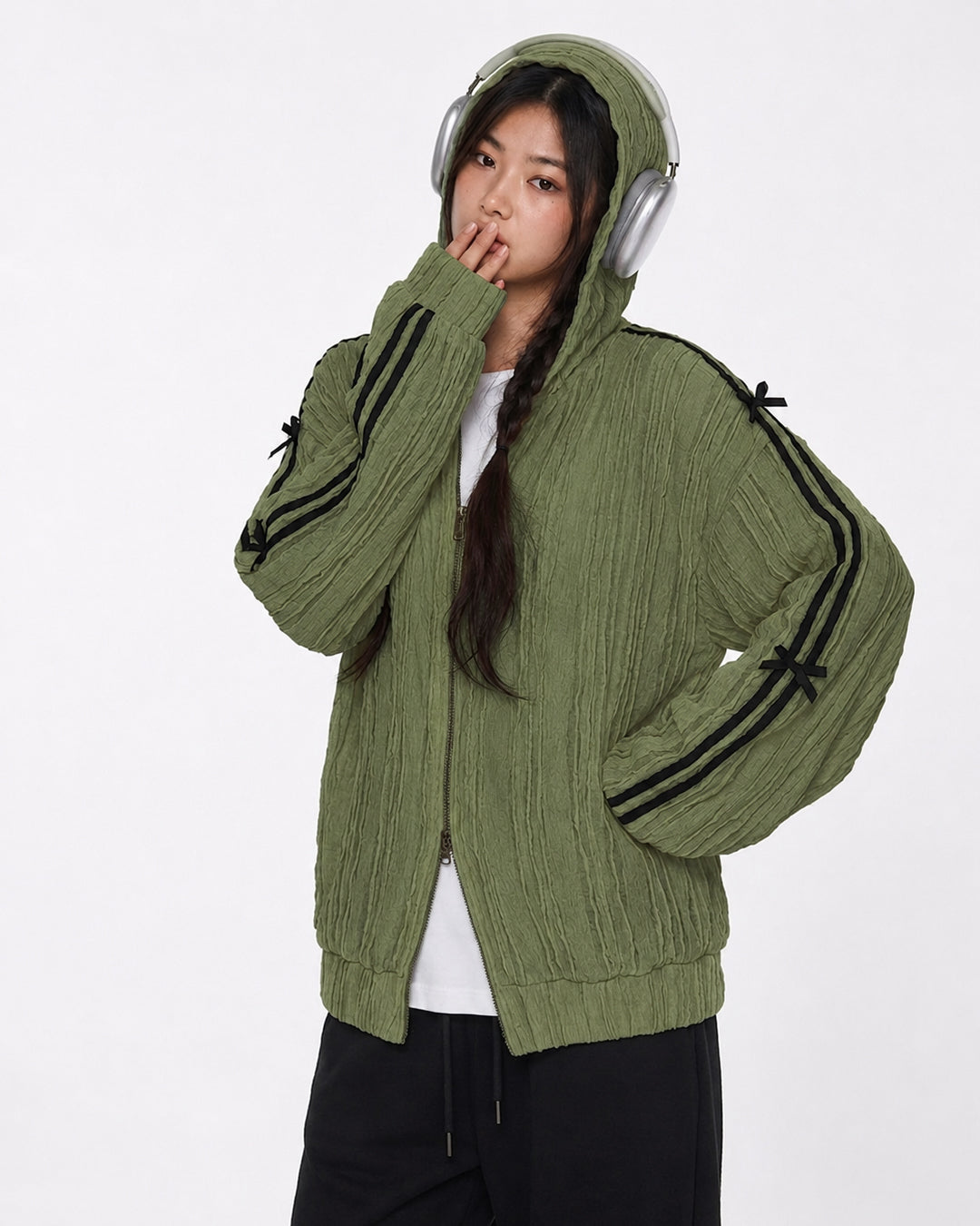 Contrast Stripe Hooded Zip Up Jacket in Olive Green