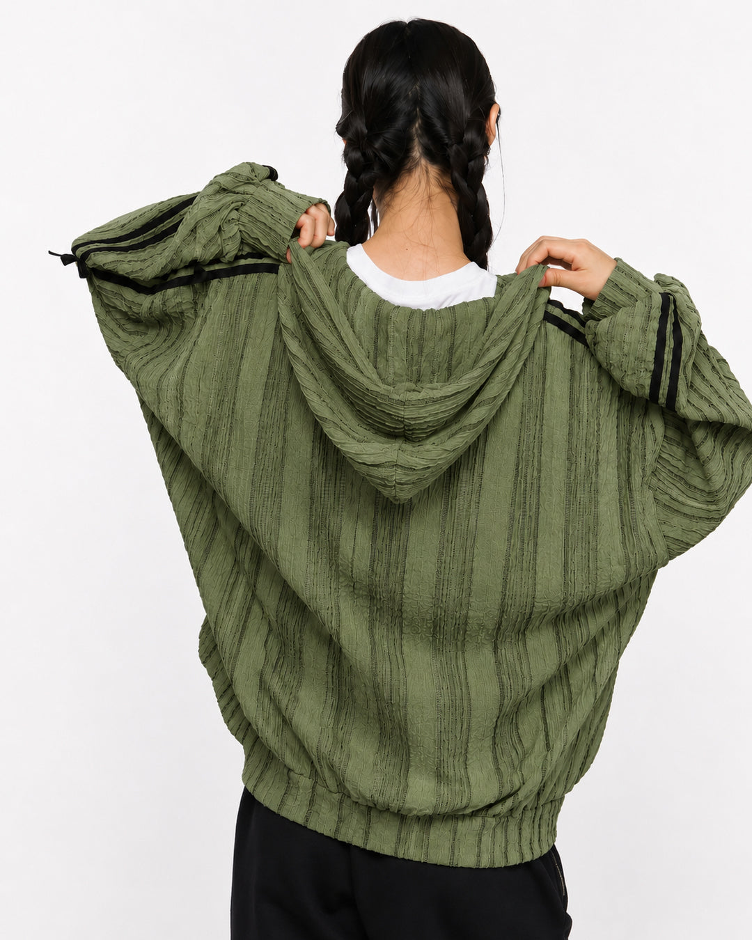 Contrast Stripe Hooded Zip Up Jacket in Olive Green