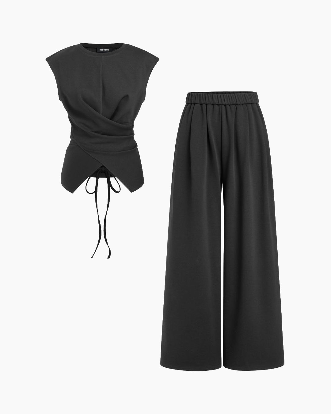Draped Drawstring Top and Wide Leg Trousers Co-Ord Set in Classic Black
