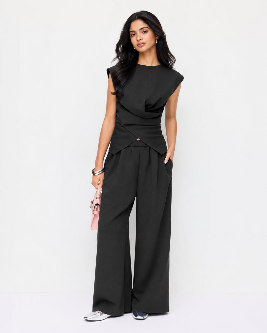 Draped Drawstring Top and Wide Leg Trousers Co-Ord Set in Classic Black