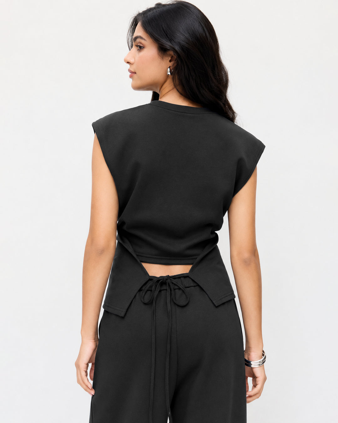 Draped Drawstring Top and Wide Leg Trousers Co-Ord Set in Classic Black