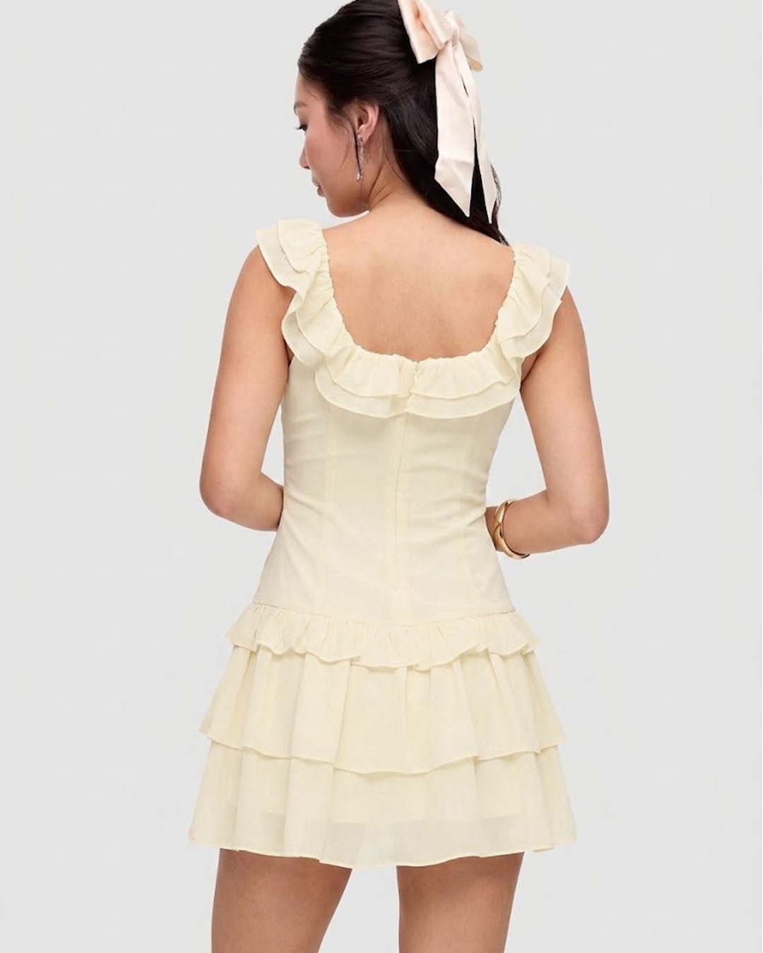 Ruffle Trim Ruched Mini Dress in Cream