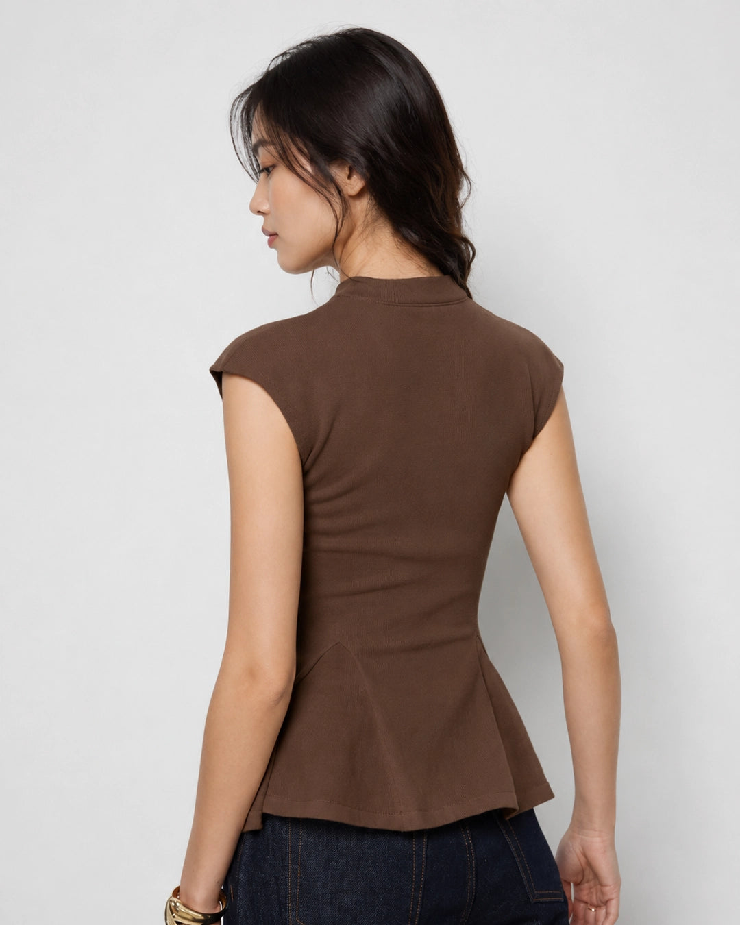Round Neck Sleeveless Peplum Top in Chocolate Brown