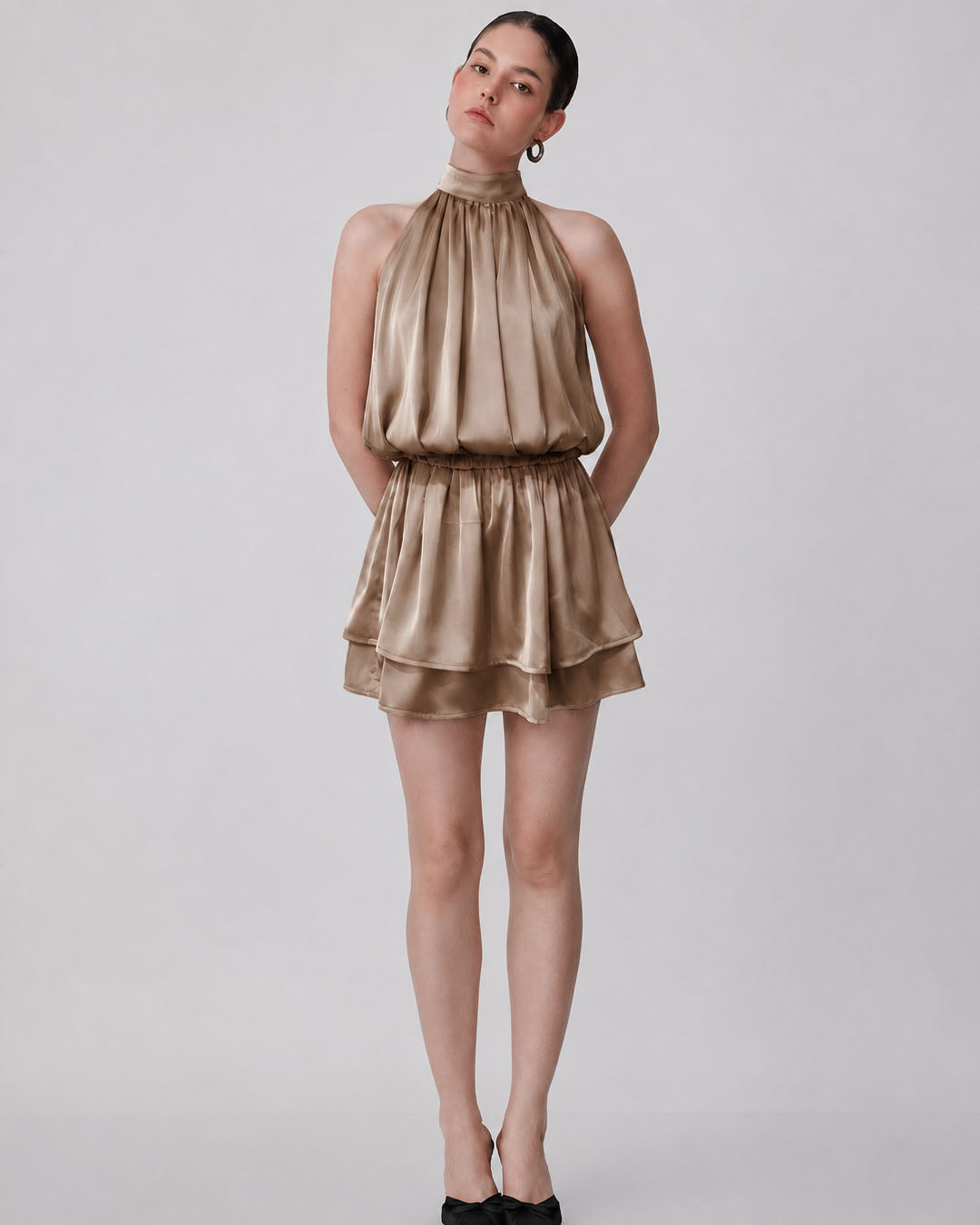 Tiered Halter Mini Dress in Mocha Brown