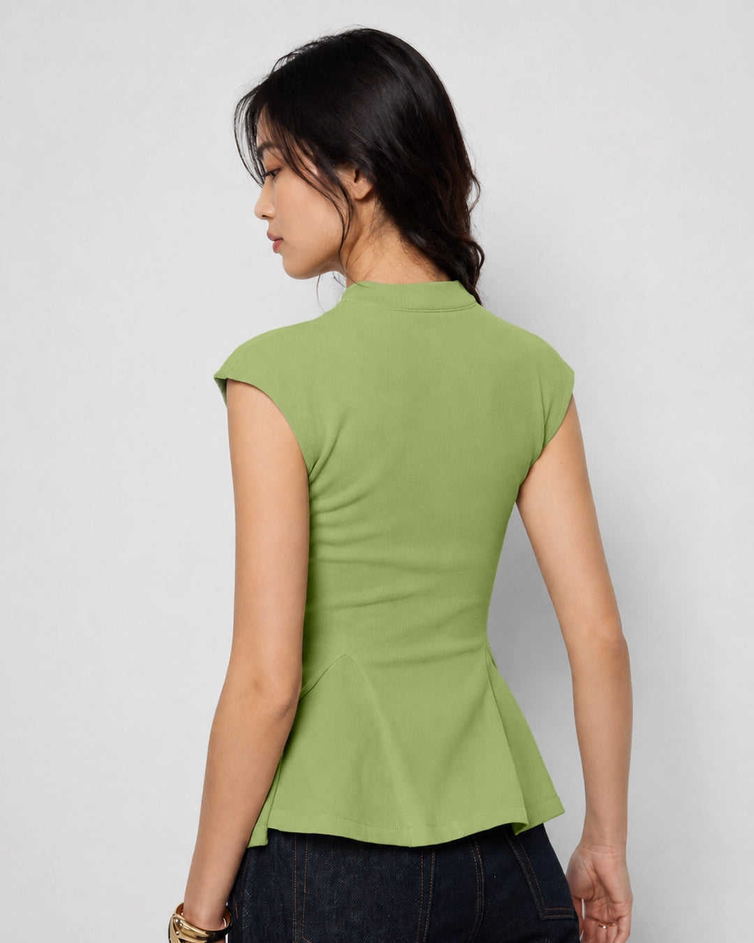 Round Neck Sleeveless Peplum Top in Herbal Green