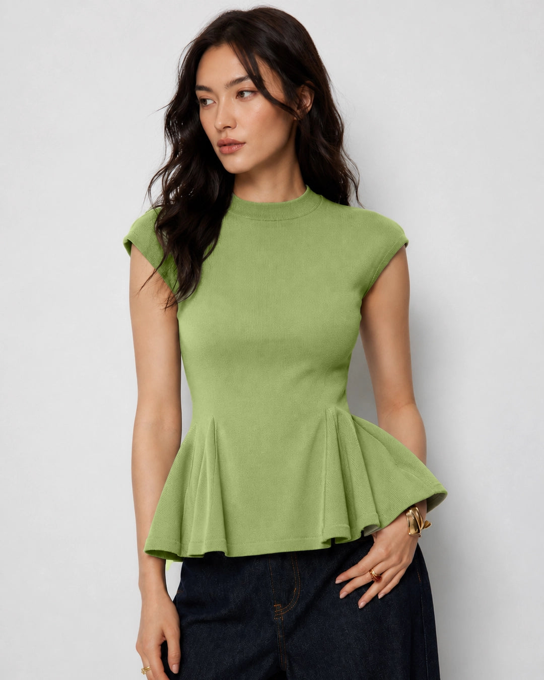 Round Neck Sleeveless Peplum Top in Herbal Green