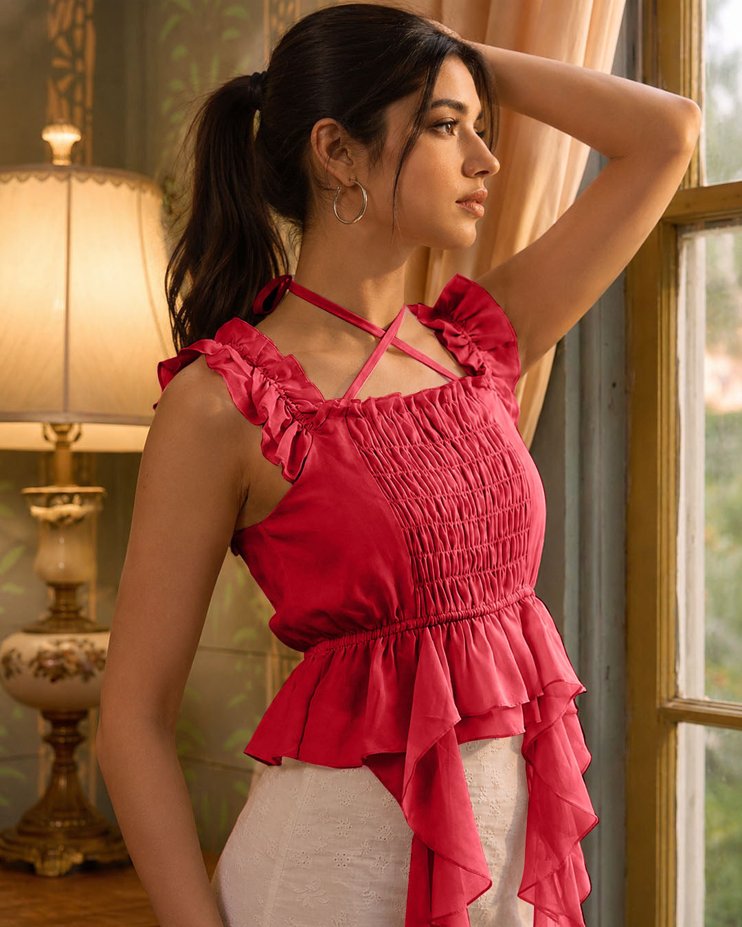 Ruffle Trim Shirred Peplum Cami Top in Raspberry Pink