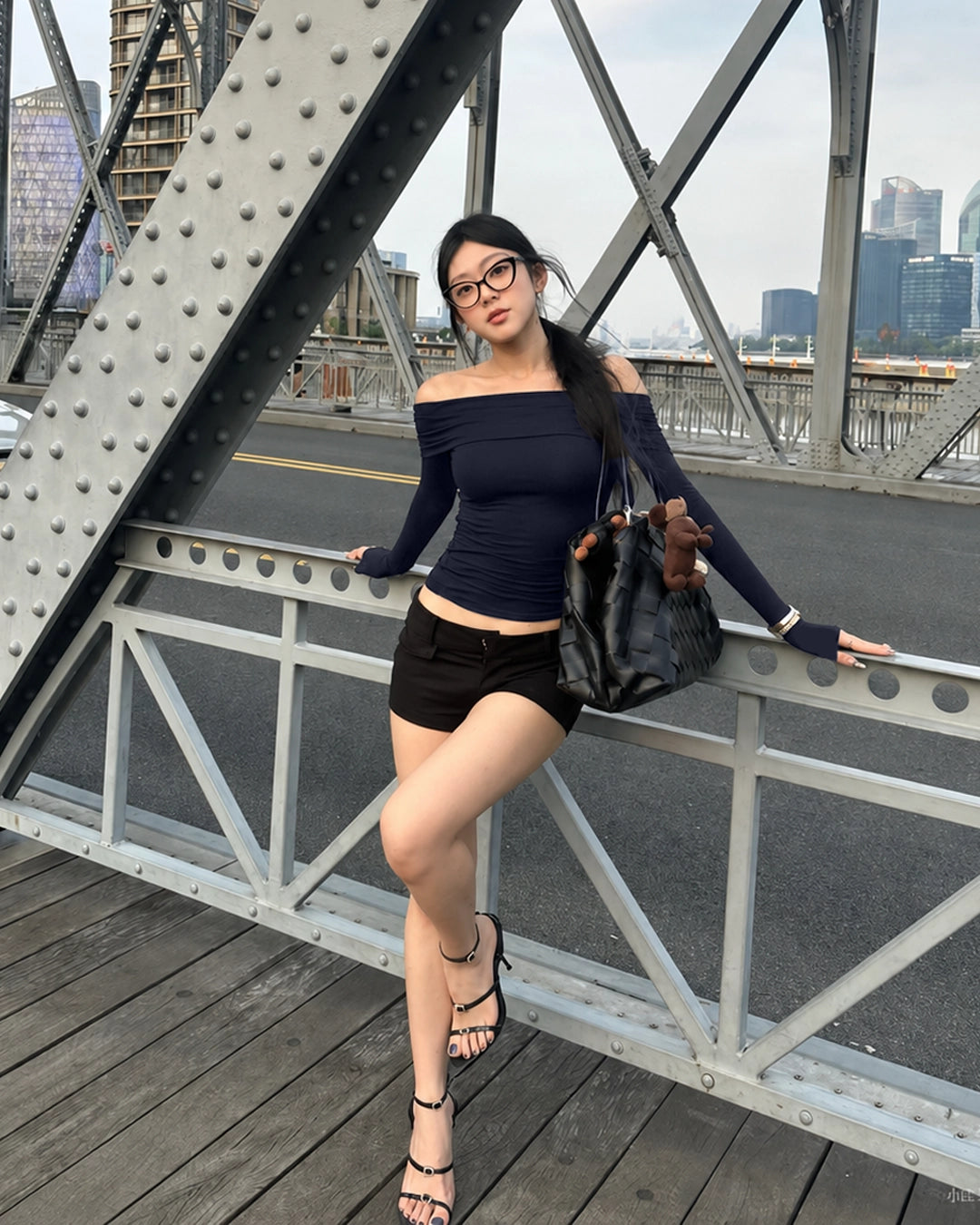 Off Shoulder Ruched Long Sleeve Fitted Top in Dark Navy Blue