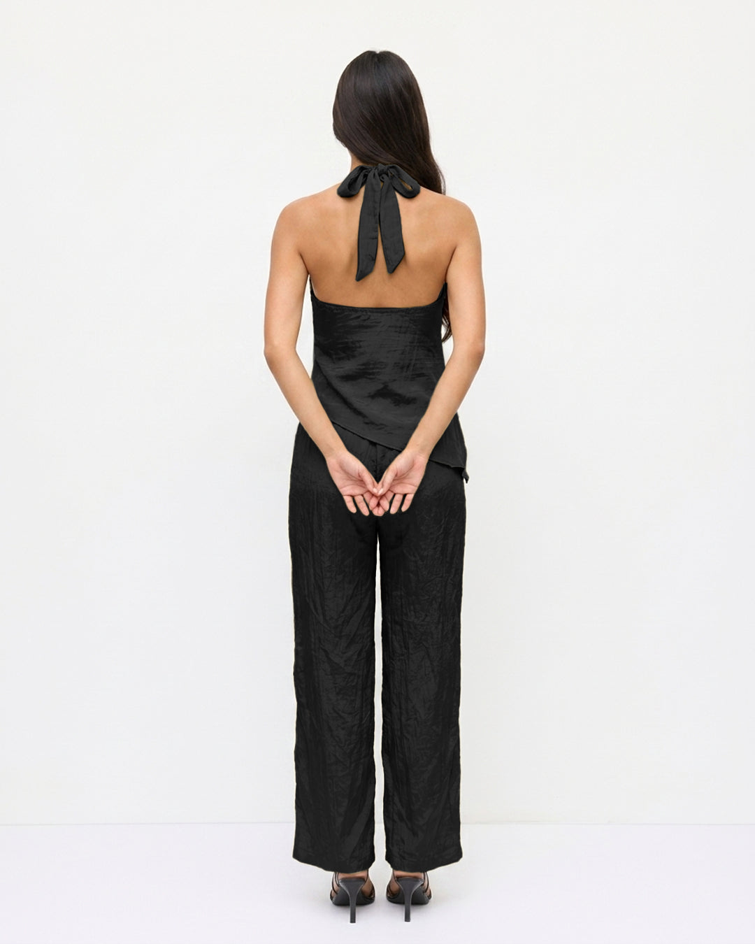 Mock Neck Asymmetric Top and Wide Leg Trousers Co-Ord Set in Soft Black