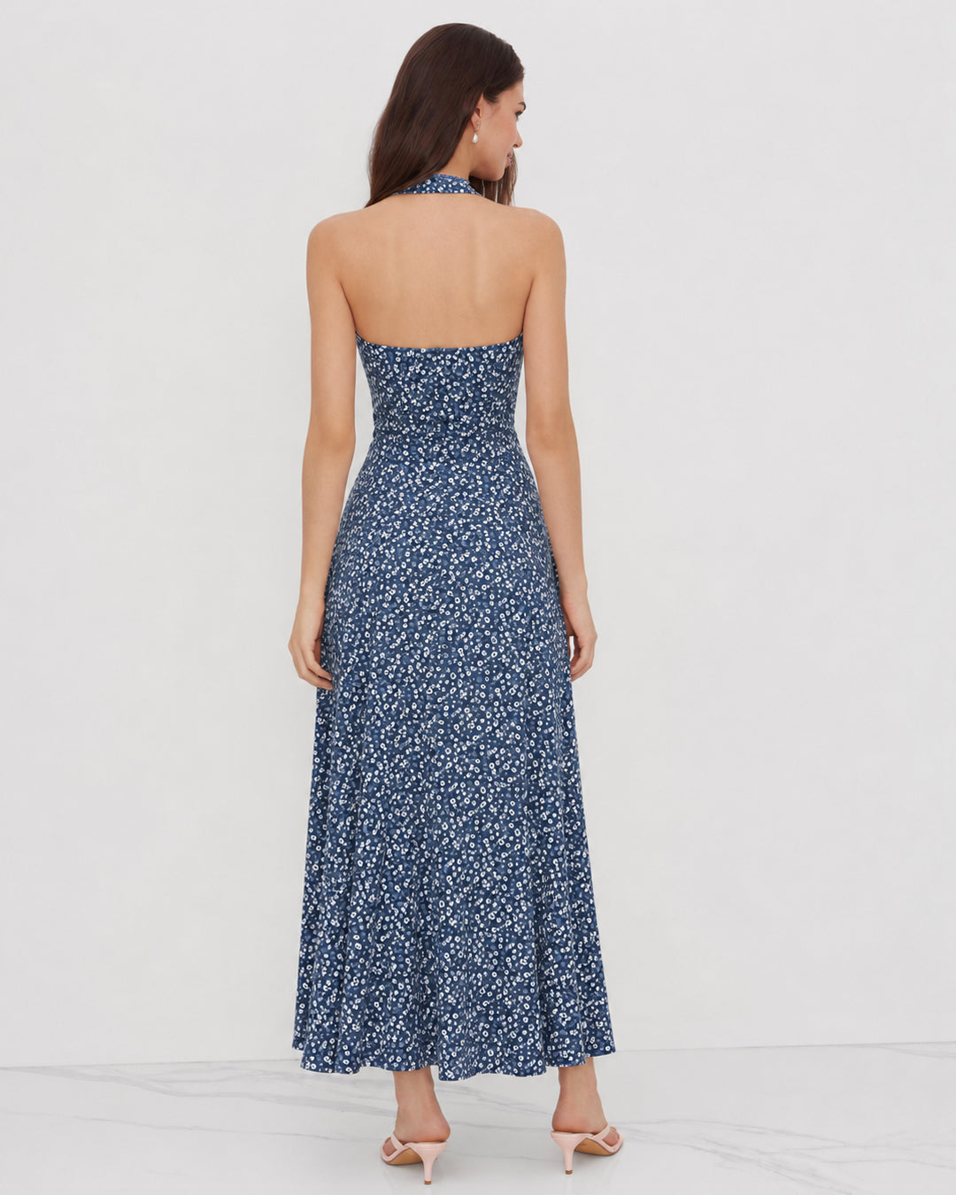 Floral Halter Maxi Dress in Denim Blue