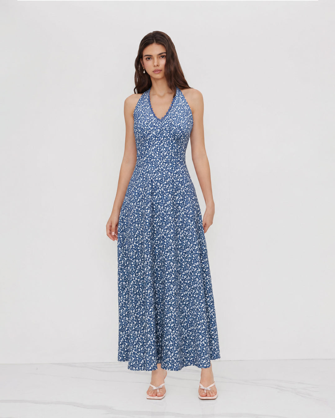 Floral Halter Maxi Dress in Denim Blue