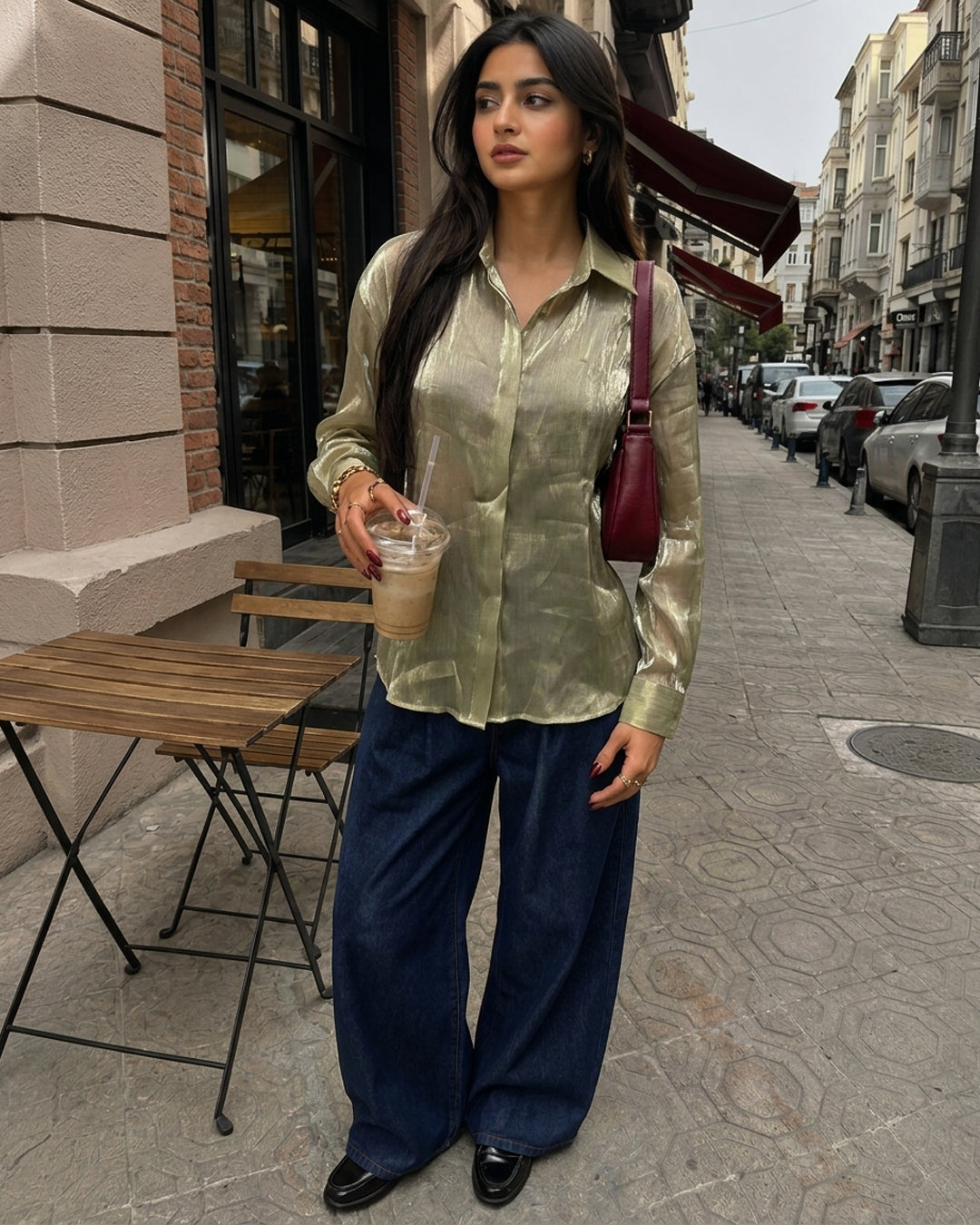 Sheer Crinkle Button Front Shirt in Herbal Green