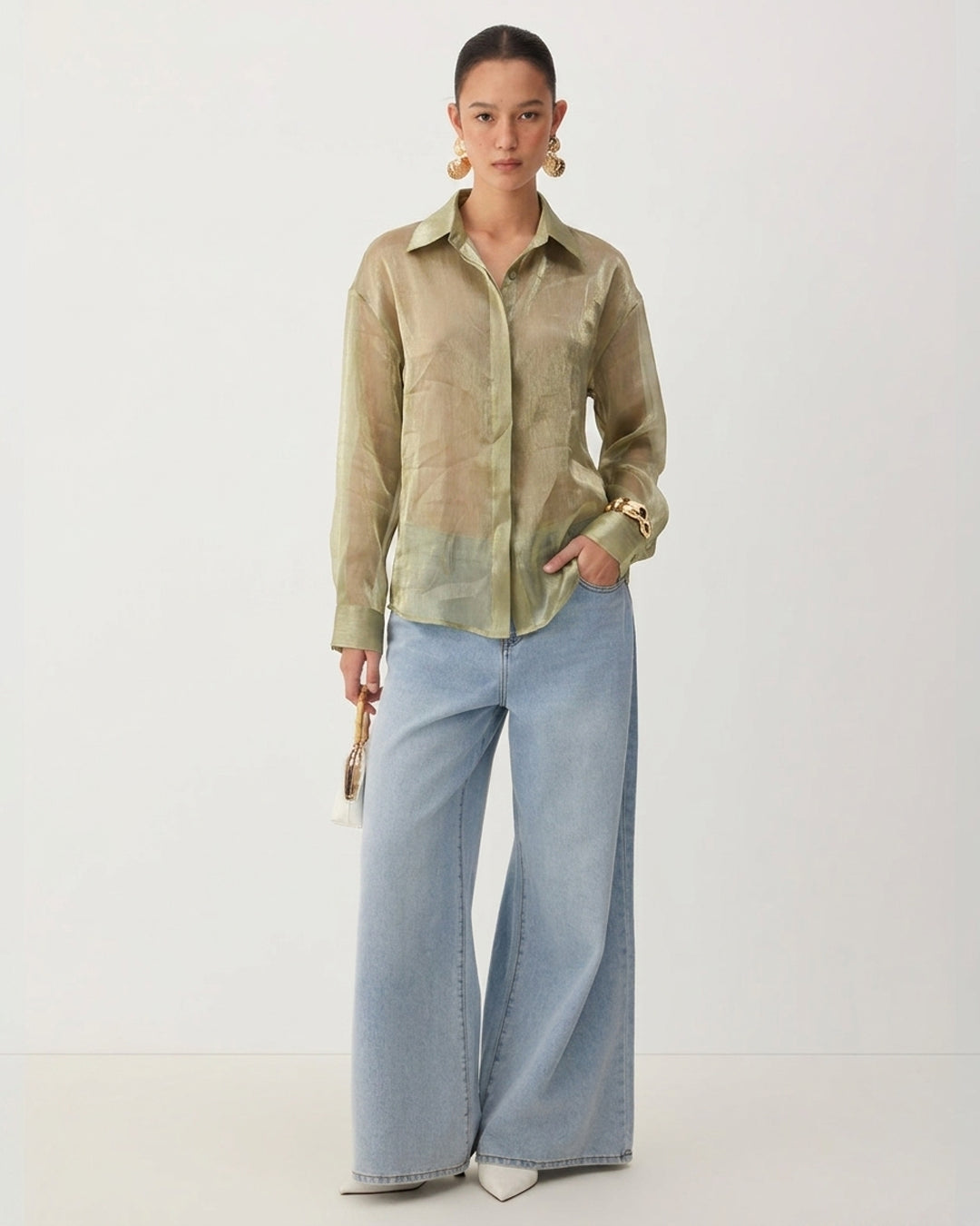 Sheer Crinkle Button Front Shirt in Herbal Green