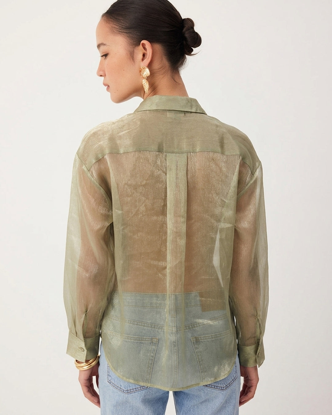 Sheer Crinkle Button Front Shirt in Herbal Green