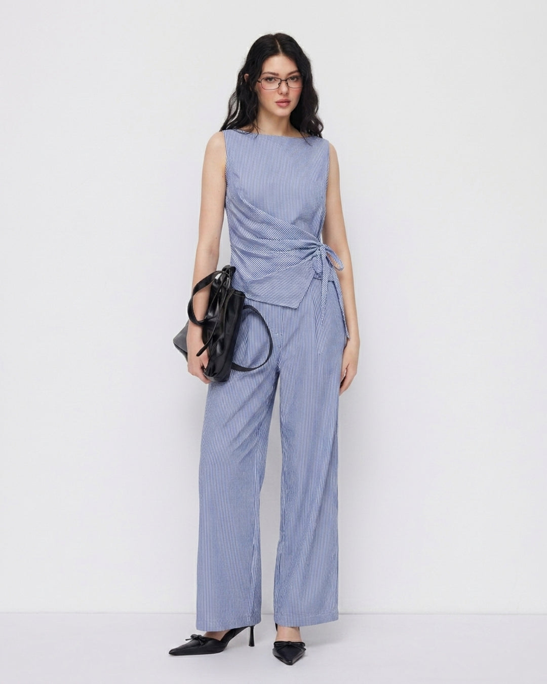 Striped Wrap Top and Wide Leg Trouser Co-Ord Set in Powder Blue