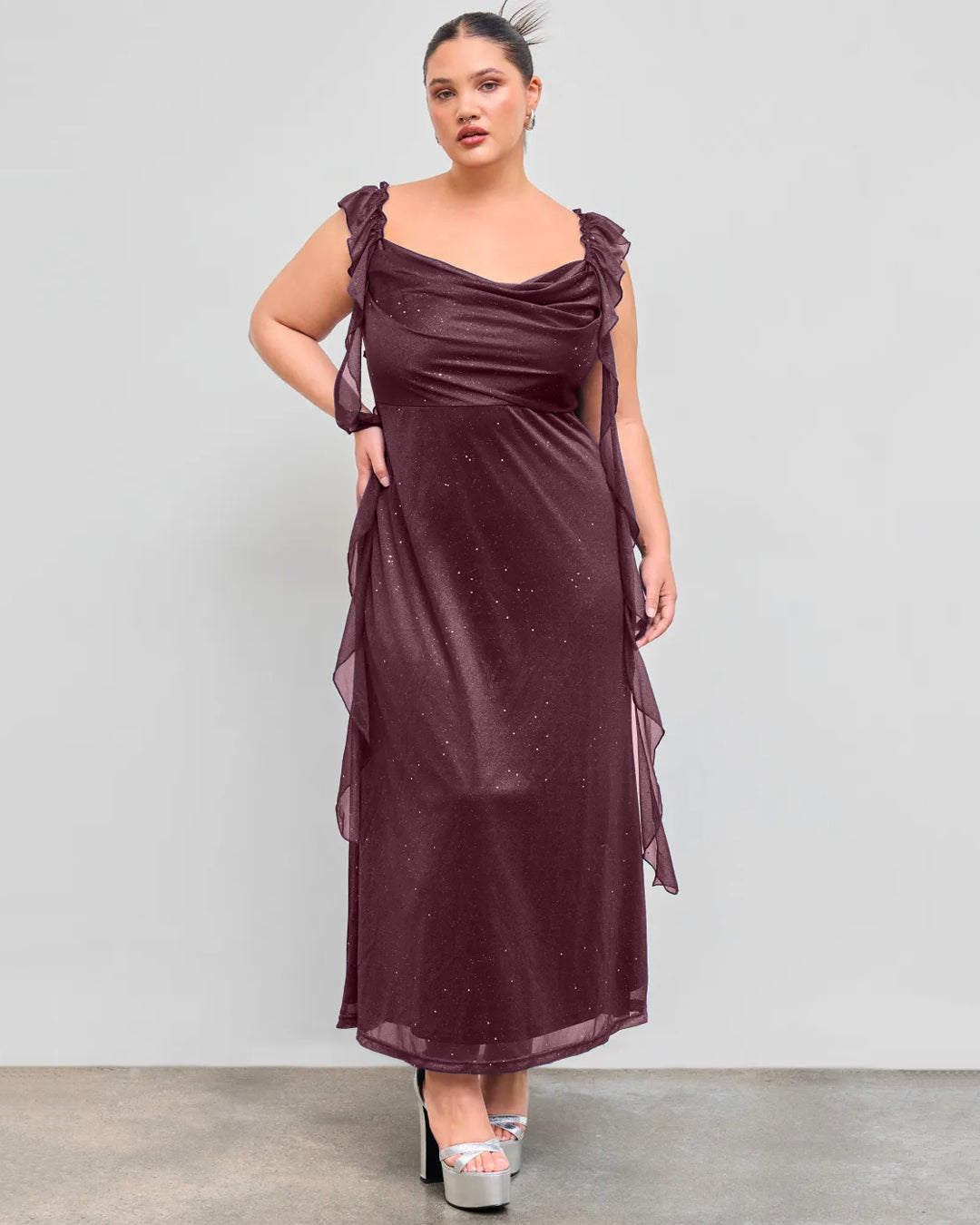 Ruched Ruffle Mesh Sleeveless Bodycon Midi Dress Curve and Plus in Deep Wine