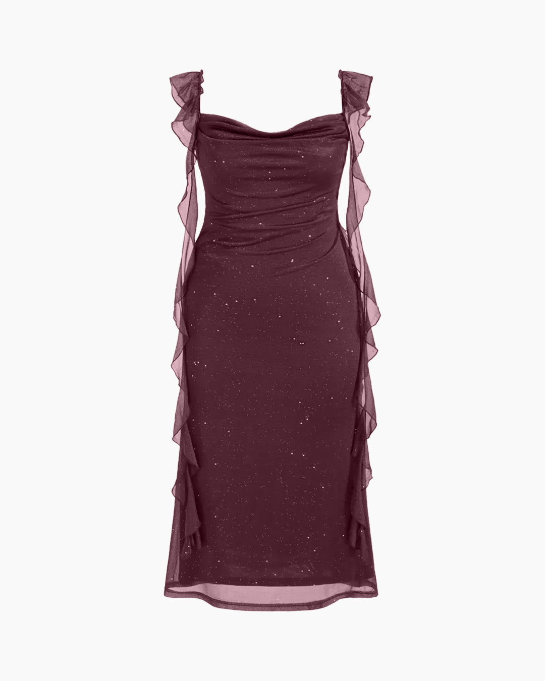 Ruched Ruffle Mesh Sleeveless Bodycon Midi Dress Curve and Plus in Deep Wine