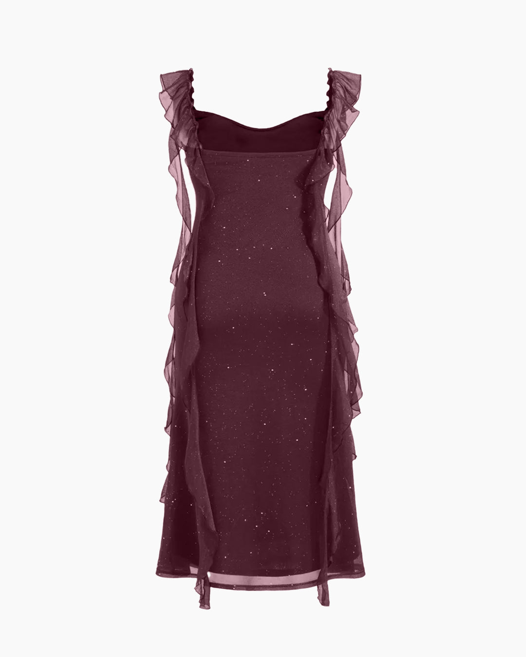 Ruched Ruffle Mesh Sleeveless Bodycon Midi Dress Curve and Plus in Deep Wine