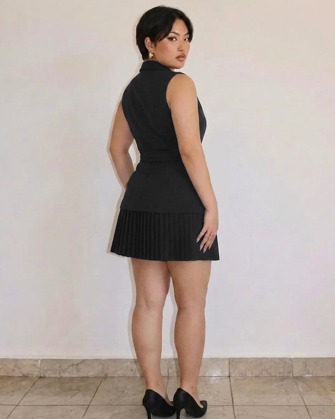 Wrap Lapel Pleated Mini Dress Curve and Plus in Classic Black
