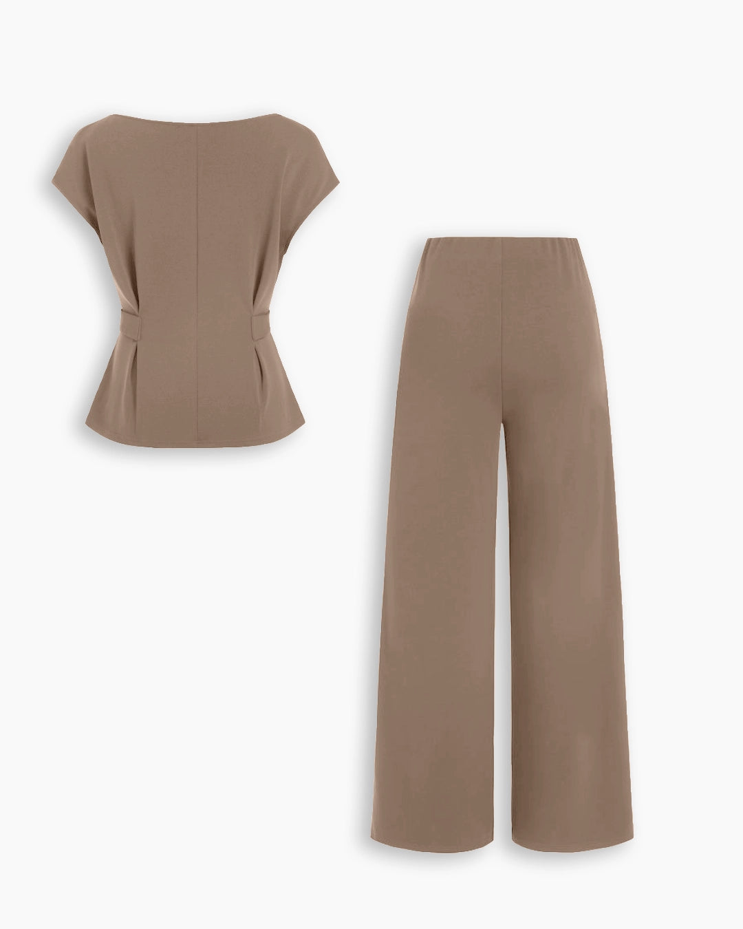 Cap Sleeve Buckle Detail Top and Wide Leg Trousers Co-ord Set in Mocha Brown
