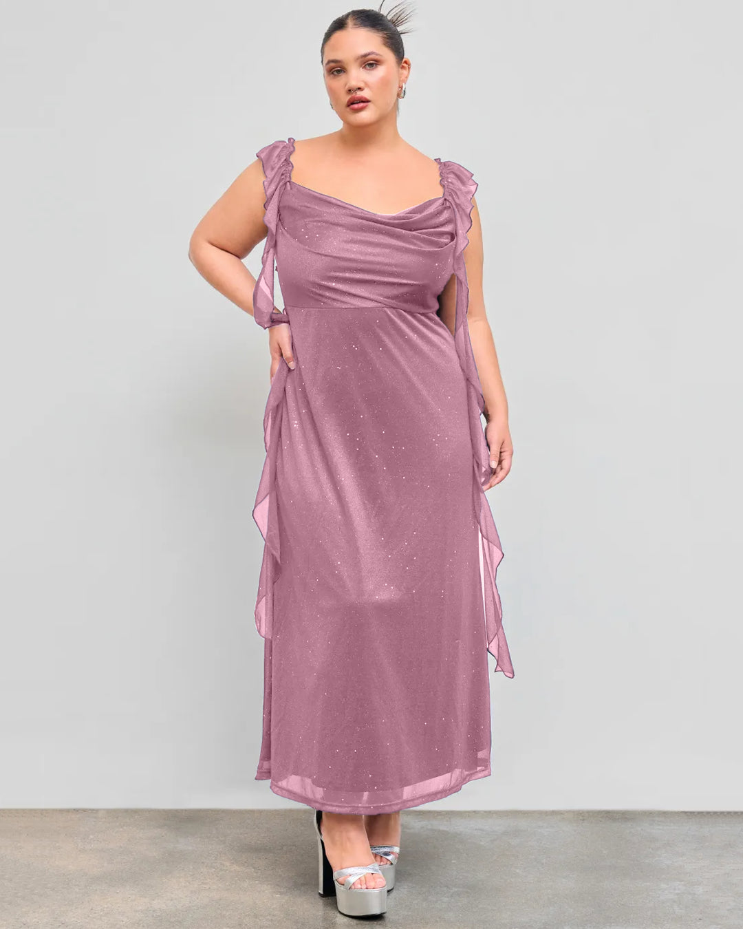 Ruched Ruffle Mesh Sleeveless Bodycon Midi Dress Curve and Plus in Dusty Pink