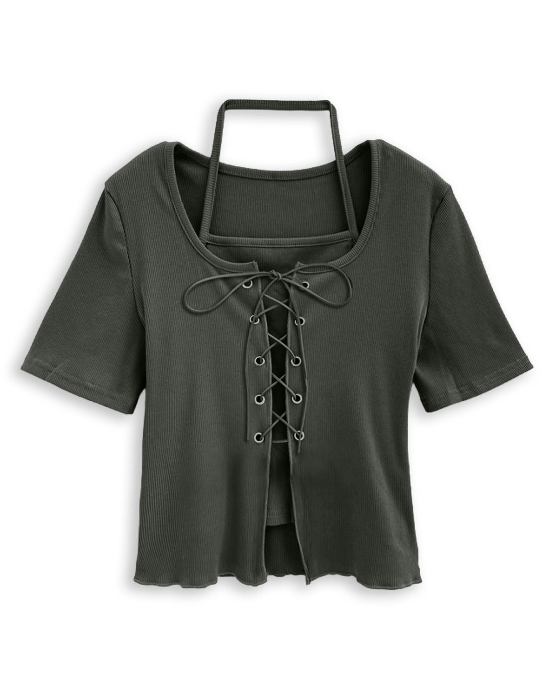 Tie Front Scoop Neck Ribbed Top in Dark Grey