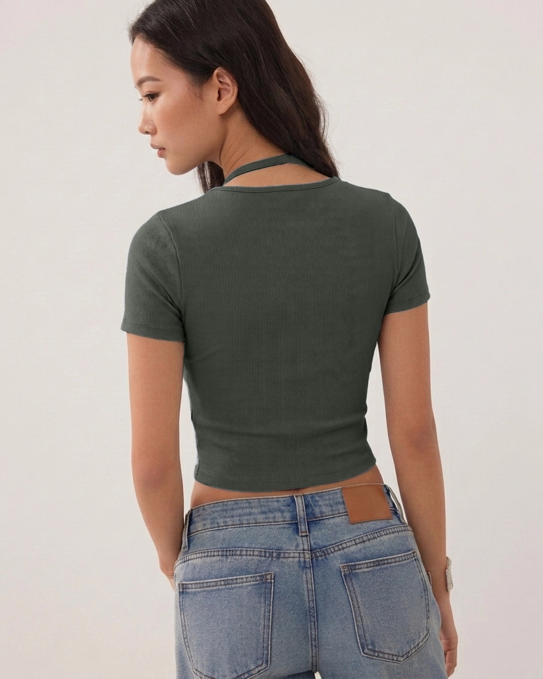 Tie Front Scoop Neck Ribbed Top in Dark Grey
