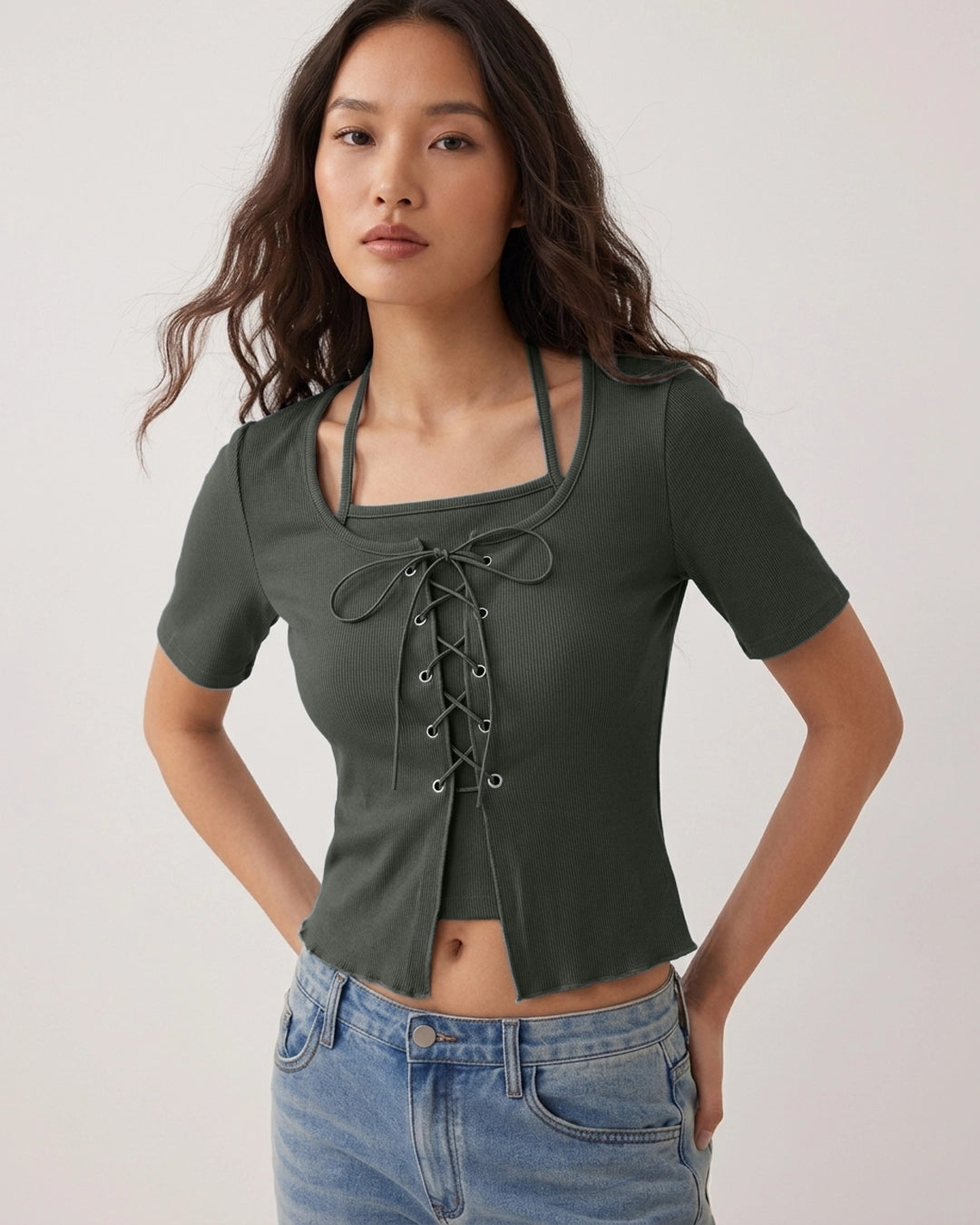 Tie Front Scoop Neck Ribbed Top in Dark Grey