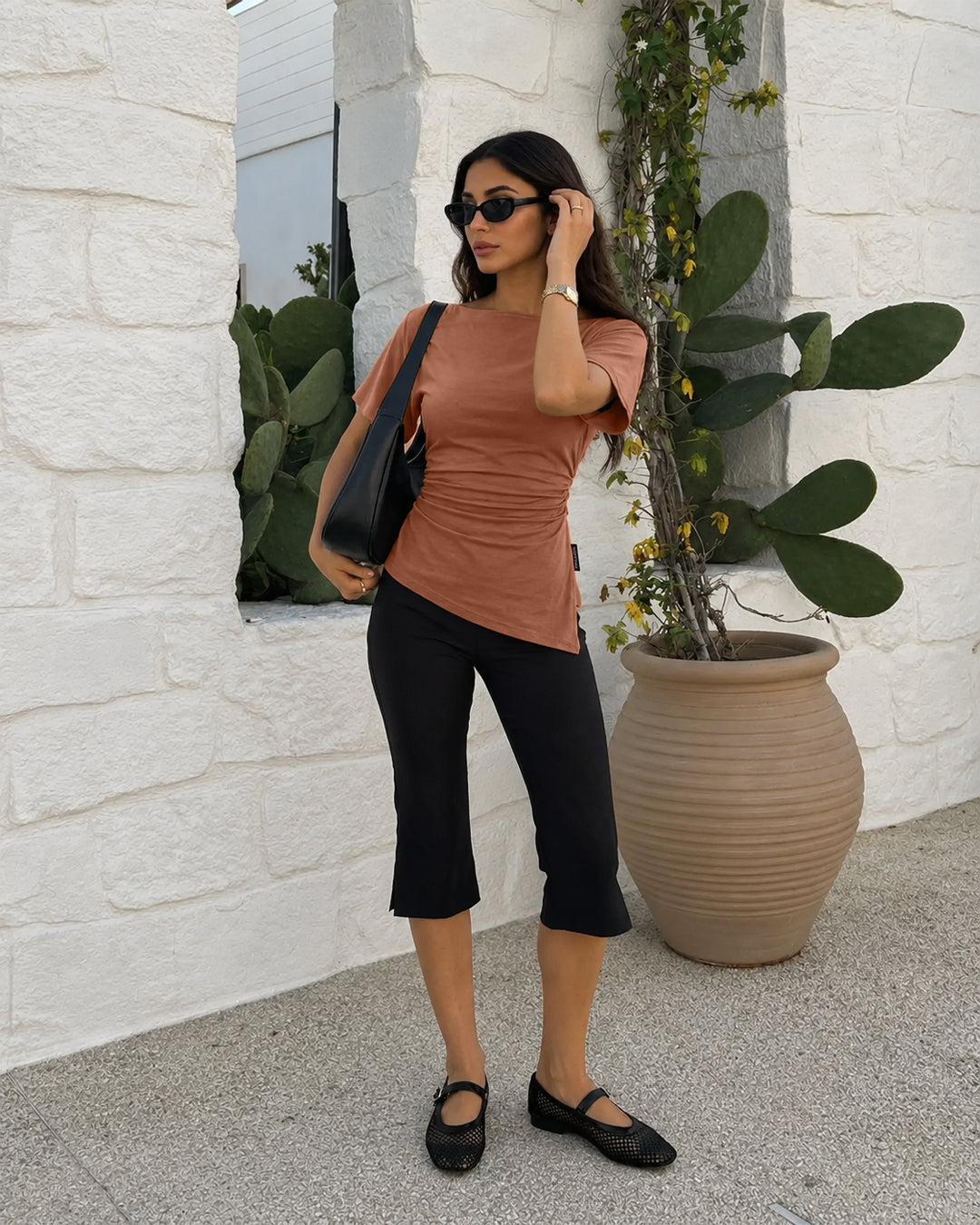 Ruched Asymmetrical Hem Top in Caramel Brown