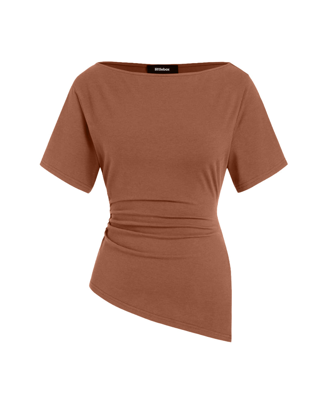 Ruched Asymmetrical Hem Top in Caramel Brown