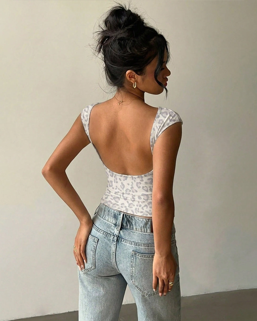 Animal Print Open Back Top in Ivory