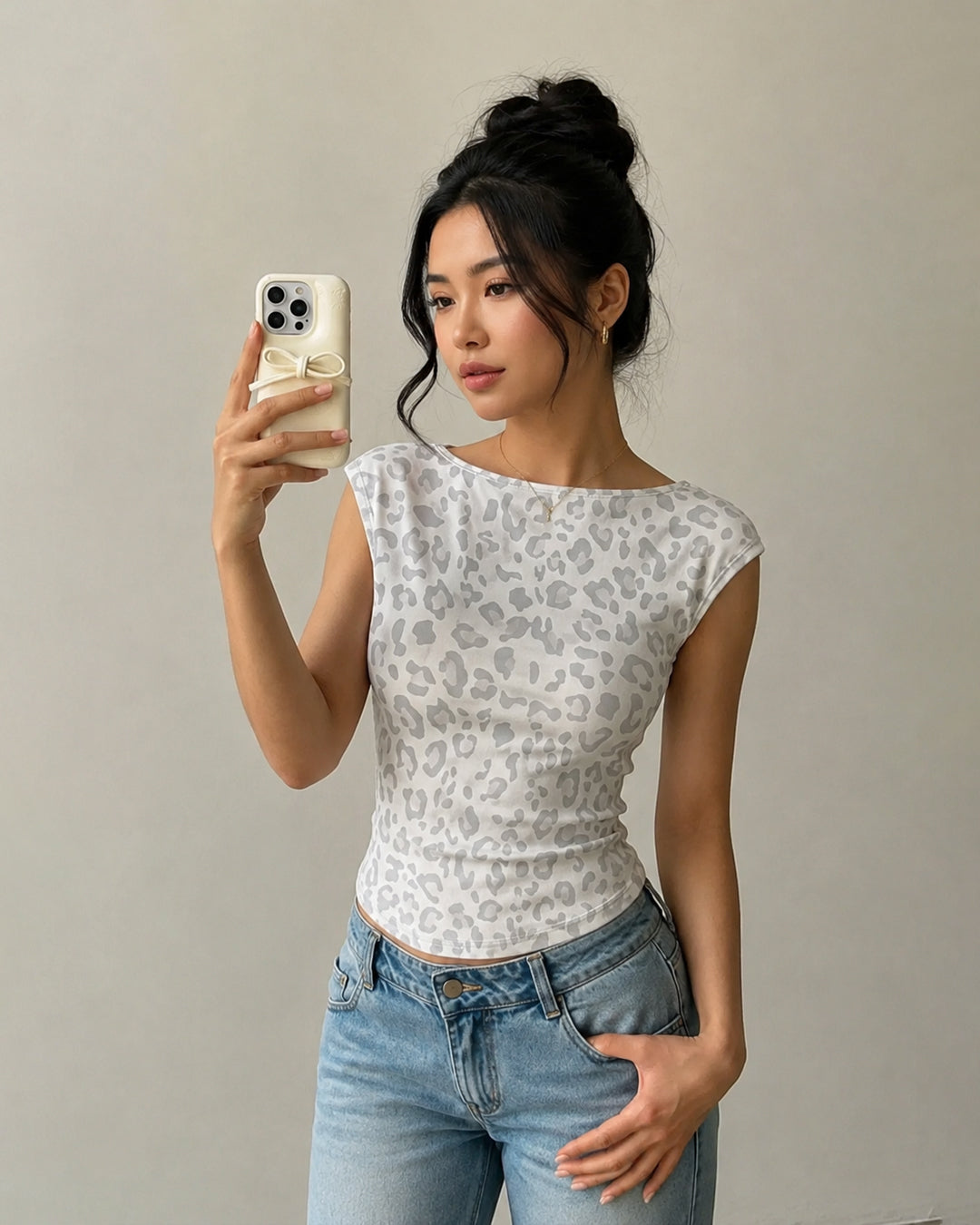 Animal Print Open Back Top in Ivory