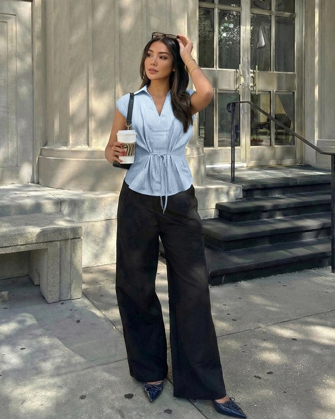 Collared Sleeveless Tie Waist Peplum Top in Baby Blue