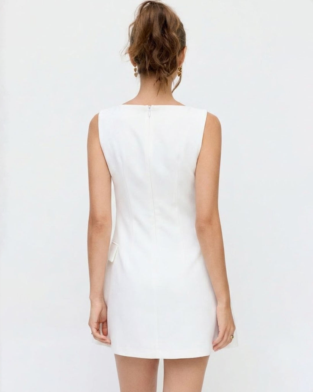 Button Detail Sleeveless Mini Dress in Classic White