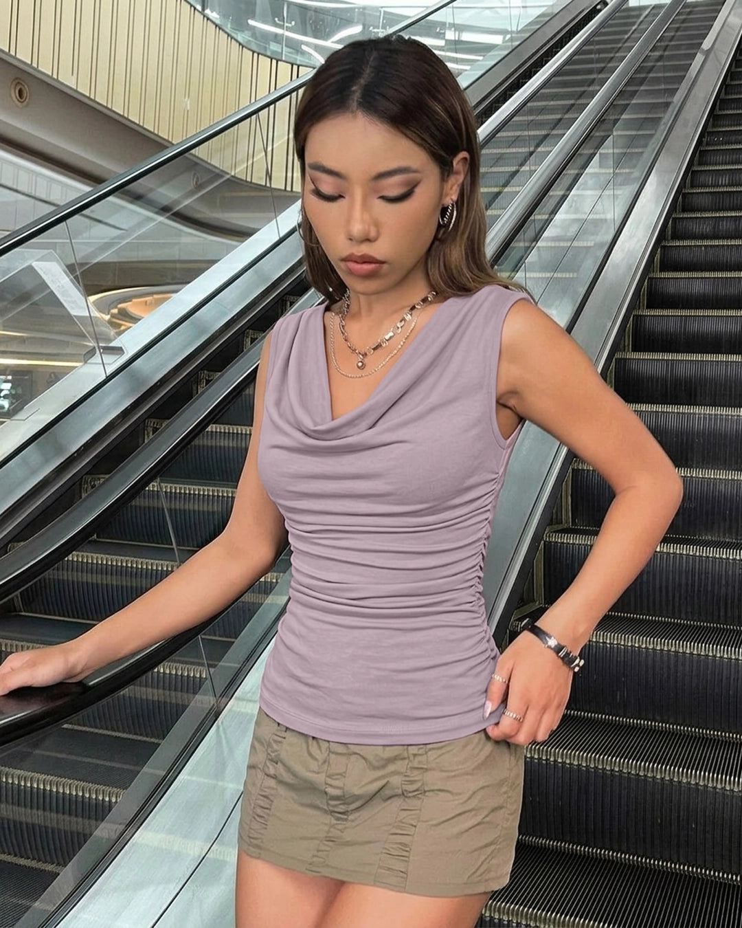 Cowl Neck Sleeveless Ruched Top in Lilac