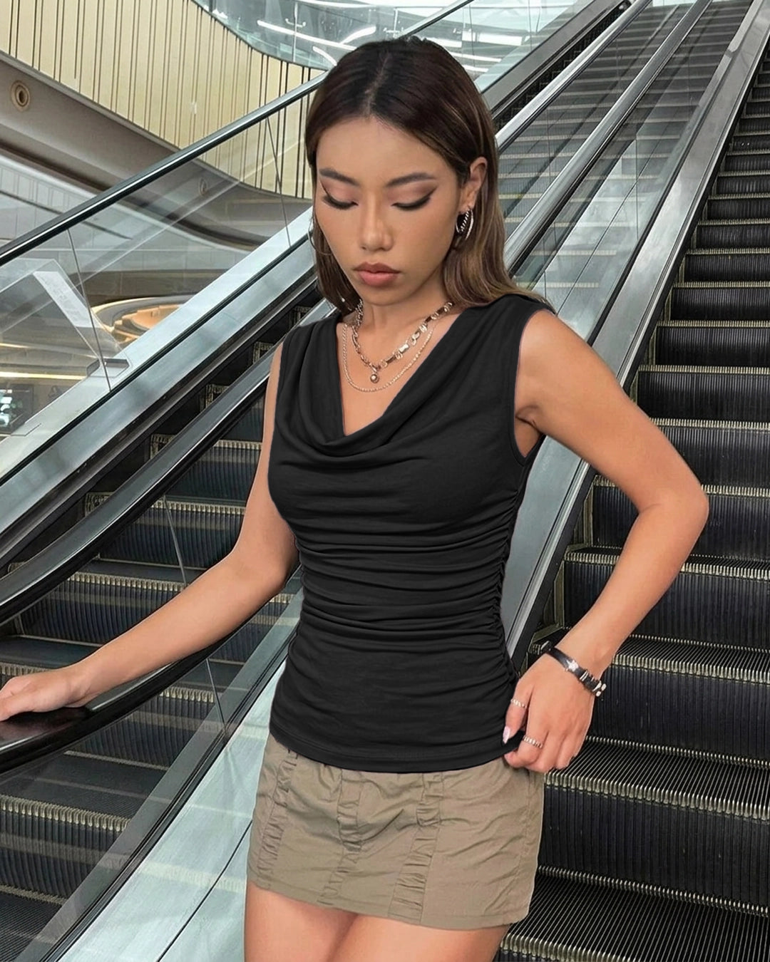 Cowl Neck Sleeveless Ruched Top in Soft Black