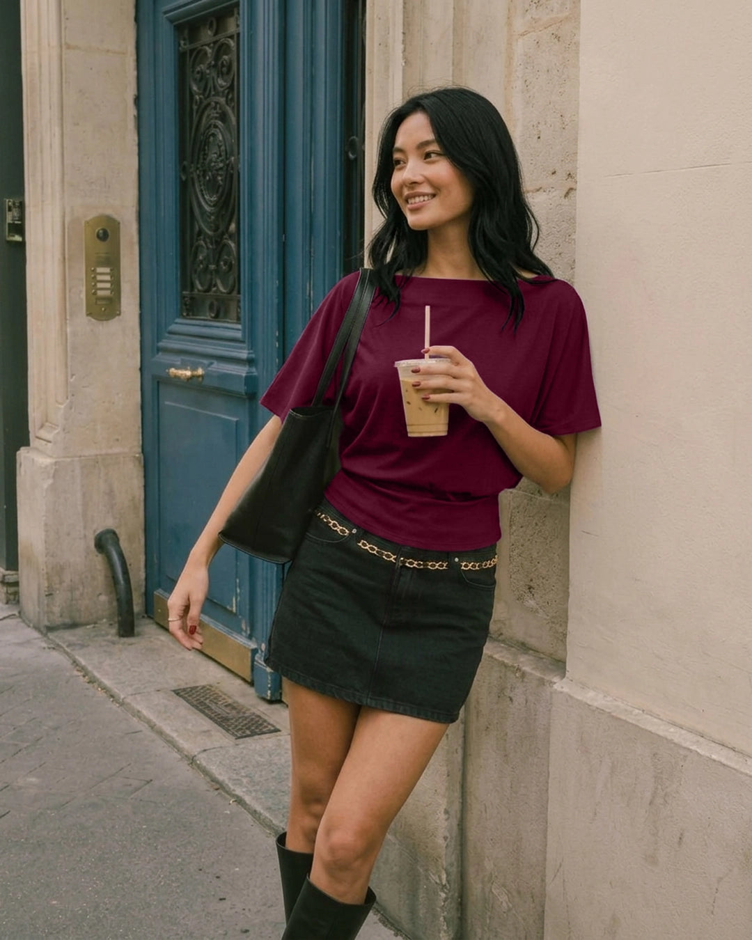 Boat Neck Batwing Sleeve Cinched Waist Top in Burgundy
