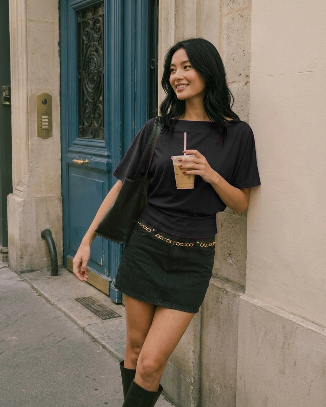 Boat Neck Batwing Sleeve Cinched Waist Top in Classic Black