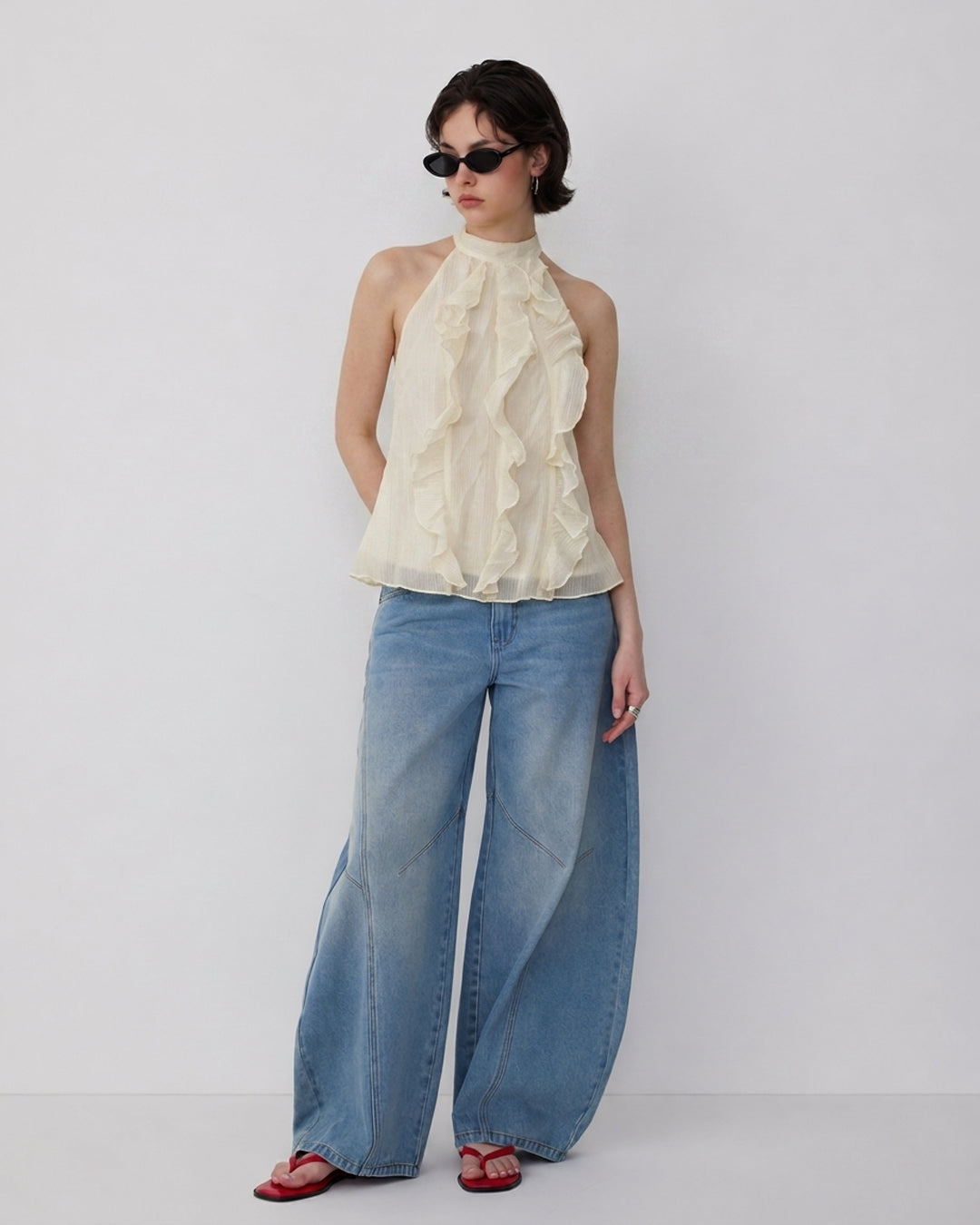 Halter Neck Sleeveless Ruffle Top in Pearl White