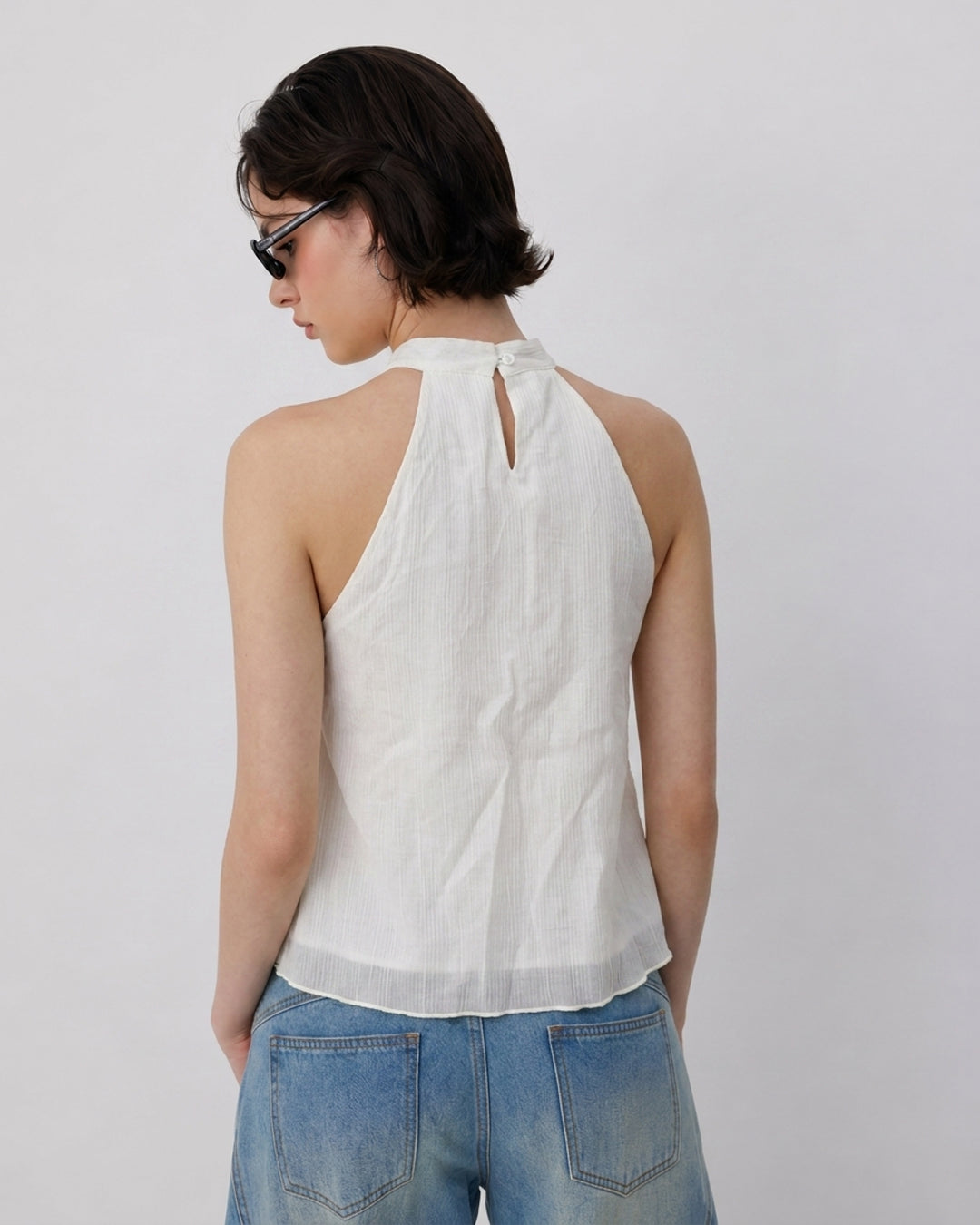 Halter Neck Sleeveless Ruffle Top in Pearl White