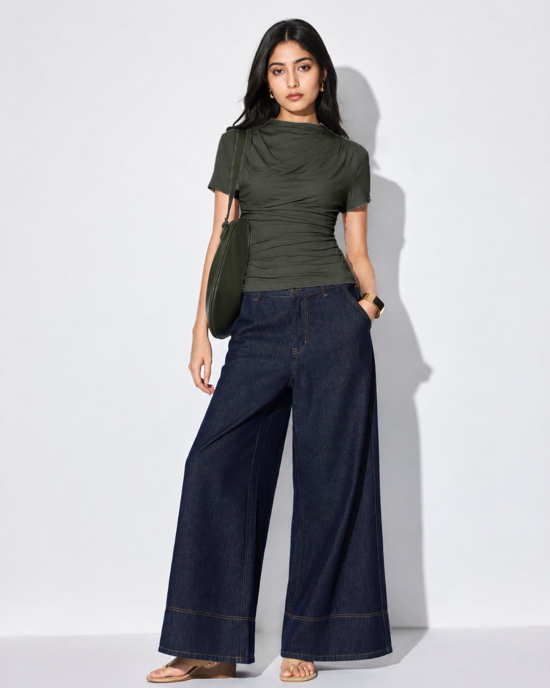 Draped Mock Neck Fitted Top in Dark Grey
