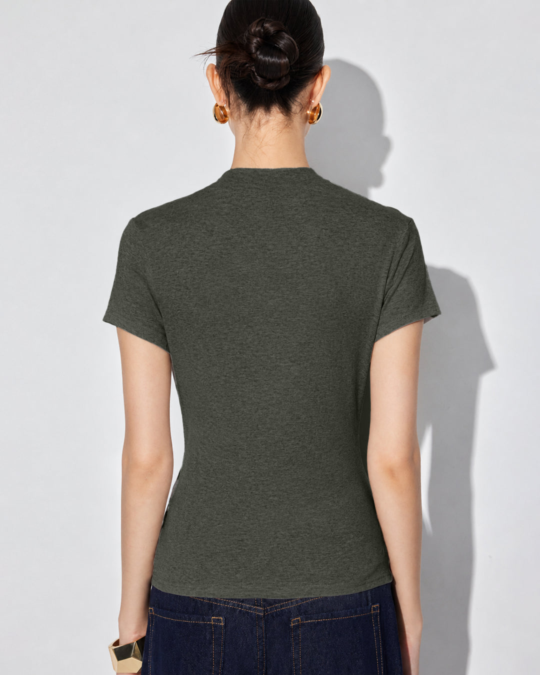 Draped Mock Neck Fitted Top in Dark Grey
