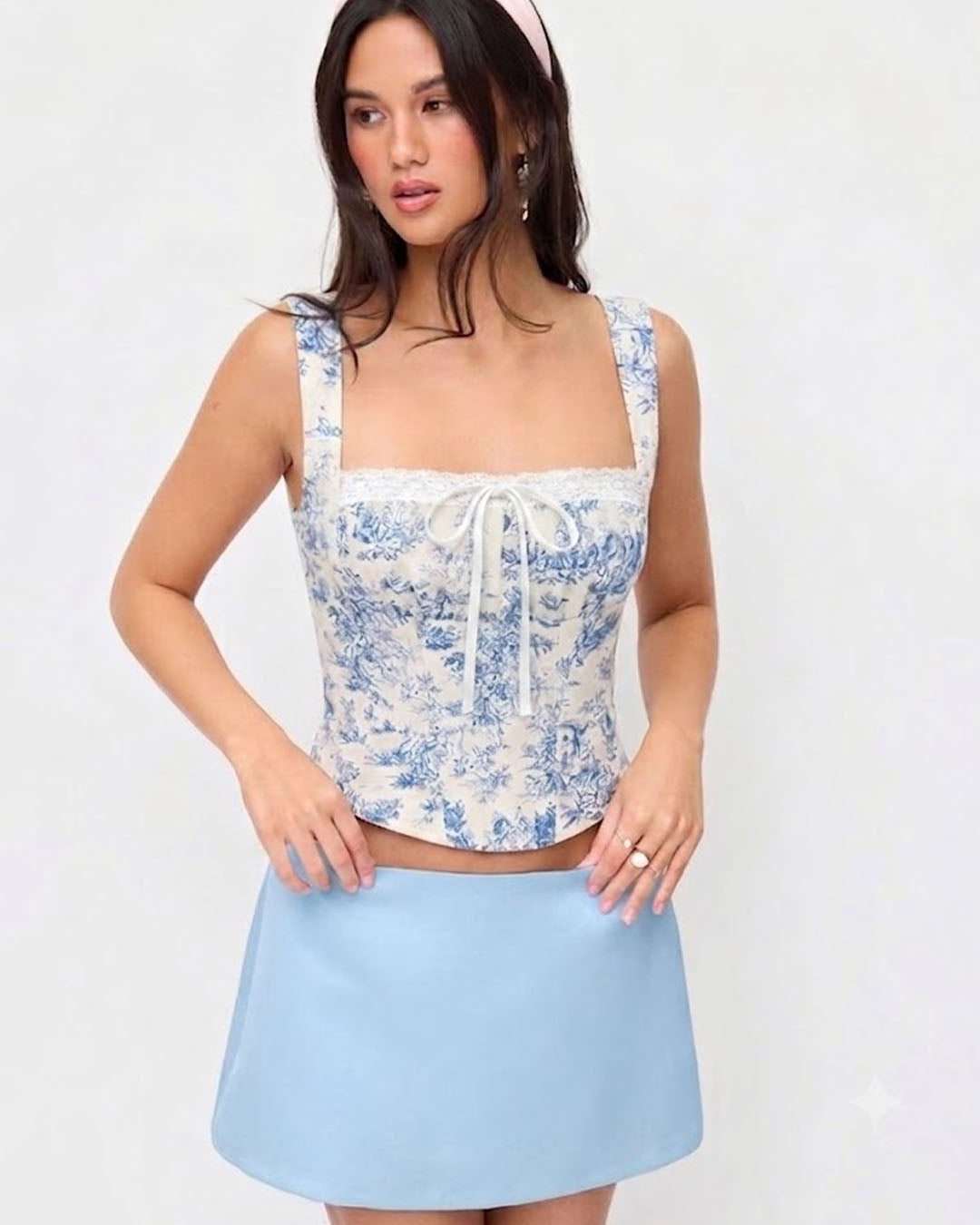 Floral Tie Front Corset Top in Classic White and Dusty Blue