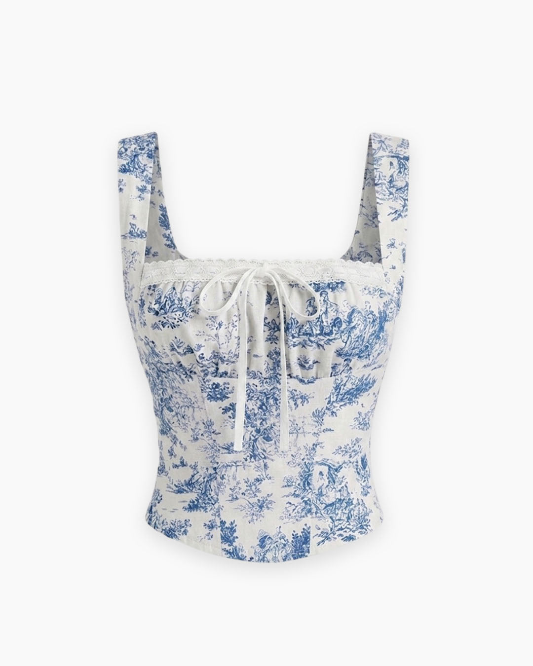 Floral Tie Front Corset Top in Classic White and Dusty Blue