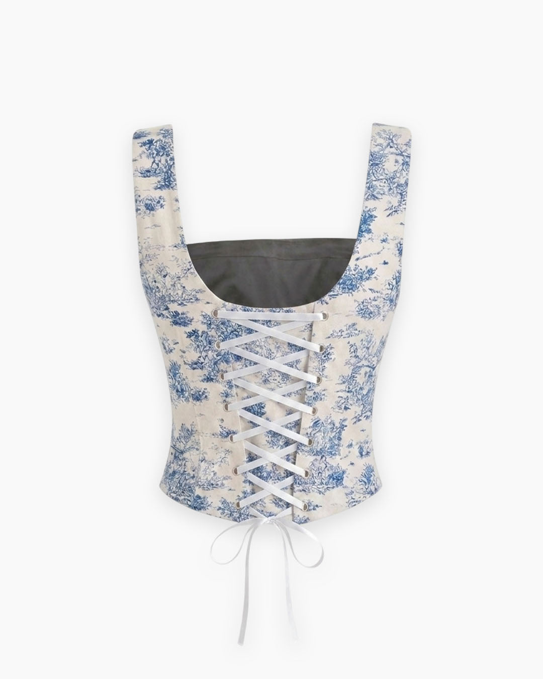 Floral Tie Front Corset Top in Classic White and Dusty Blue