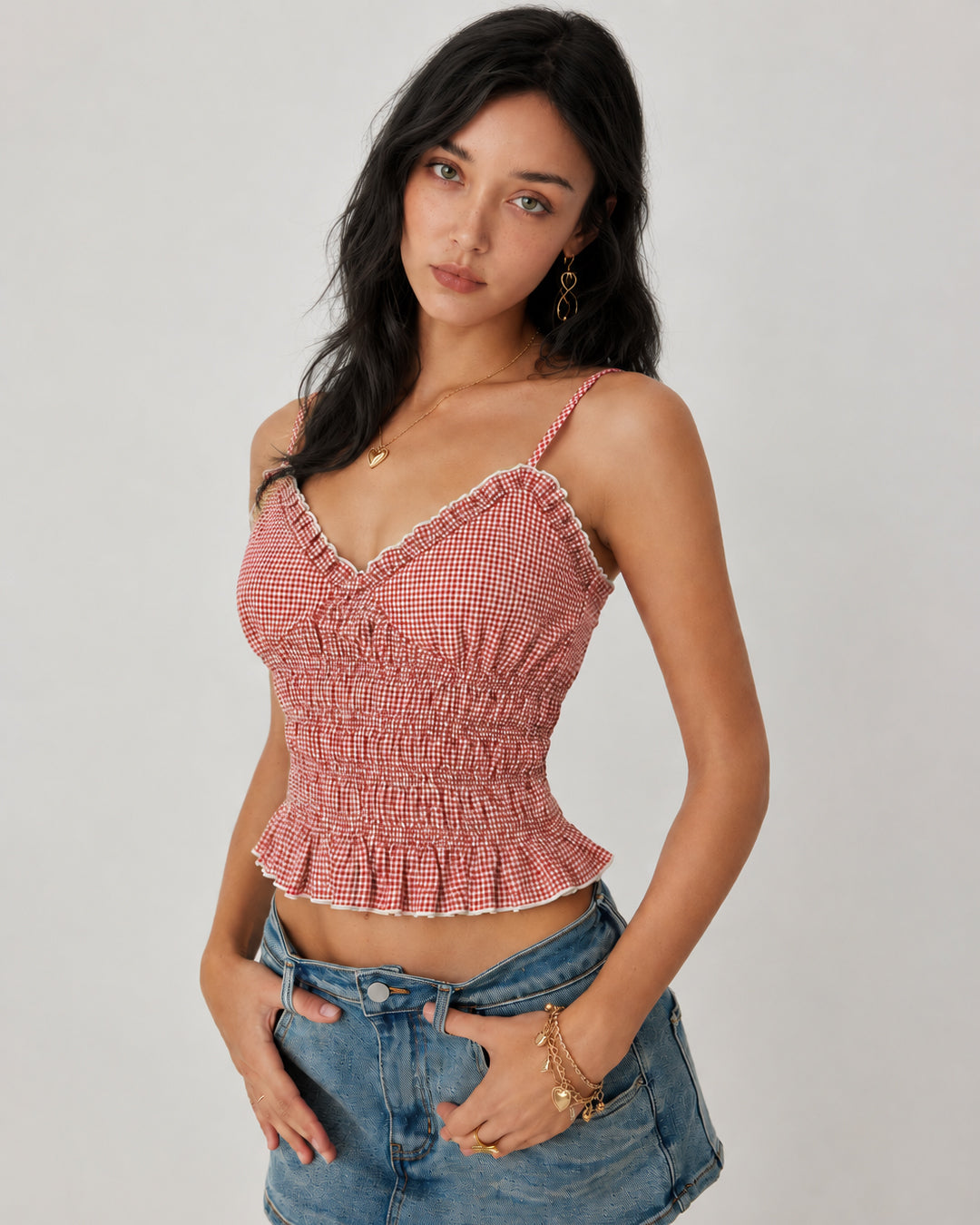 Ruffle Trim Shirred Cami Top in Classic Red and Classic White